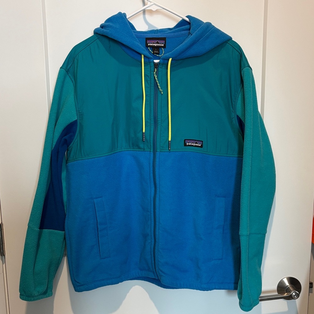 Patagonia Teal and Blue Fleece Zip Hoodie with Yellow Drawcords